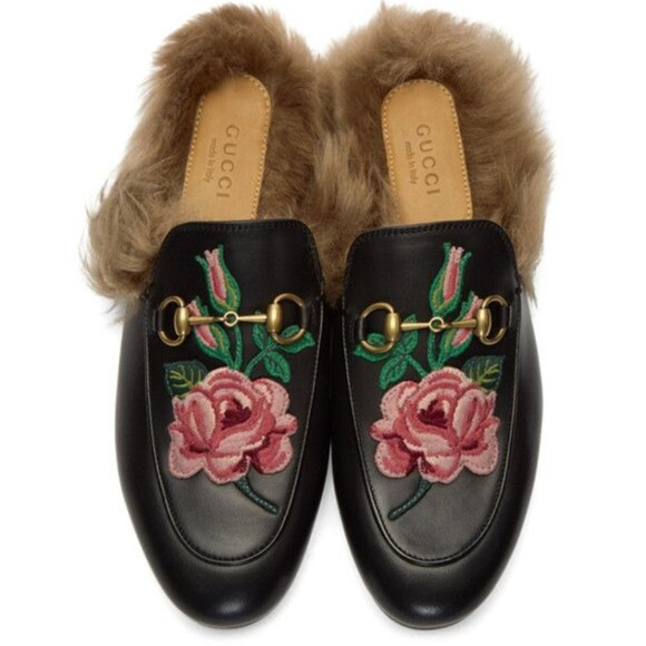 Gucci Black Pink Floral Leather Horsebit Princetown Fur Lined Mules Size 7 - Picture 1 of 8